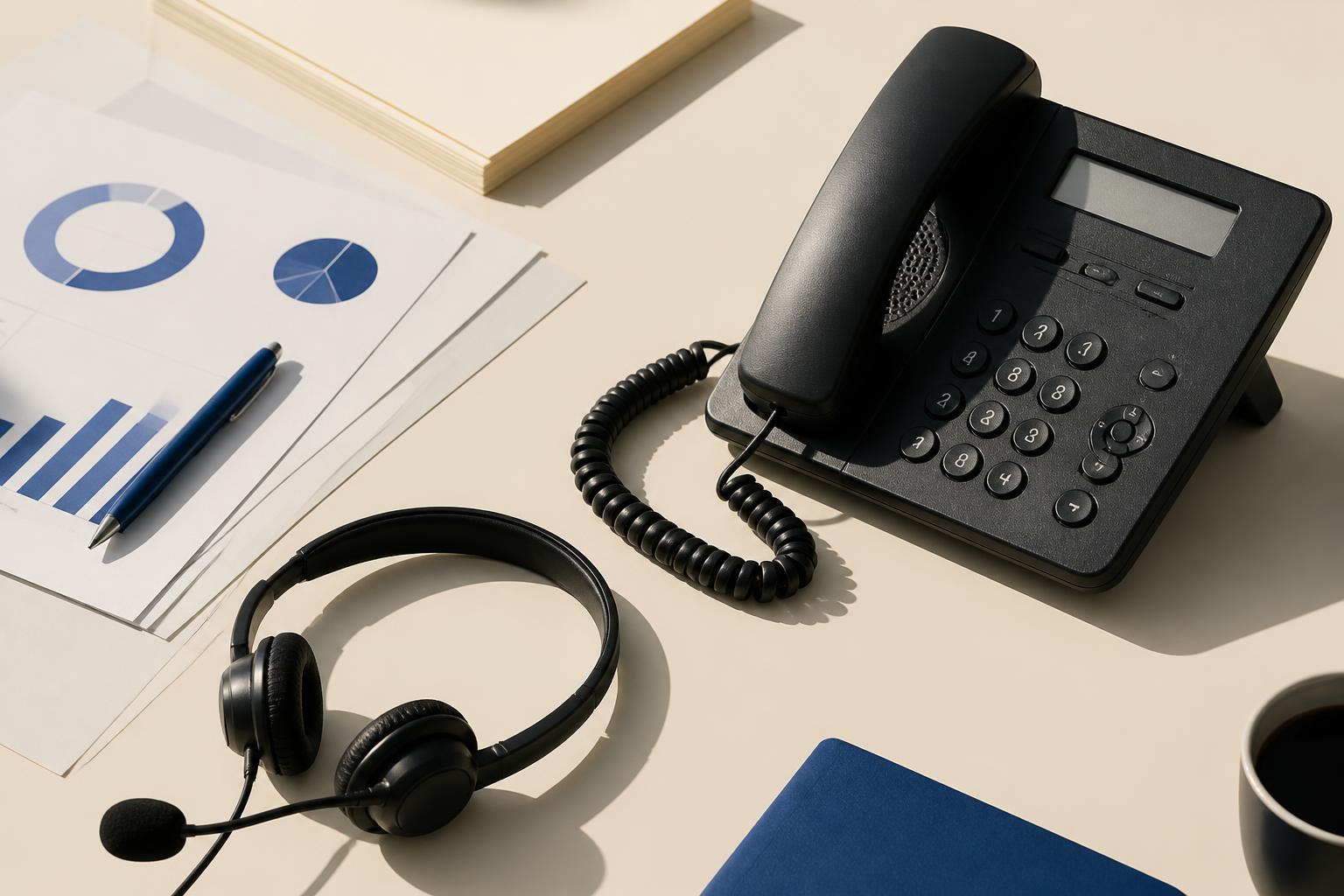 Telephone, headset, and campaign reports arranged on a desk